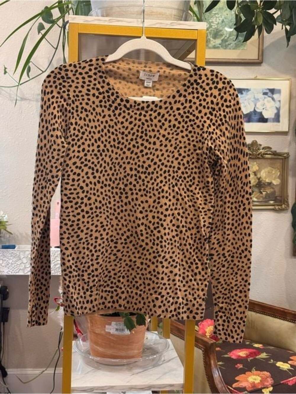J. Crew Long-Sleeve Leopard Spot Crewneck Top in Tan and Black